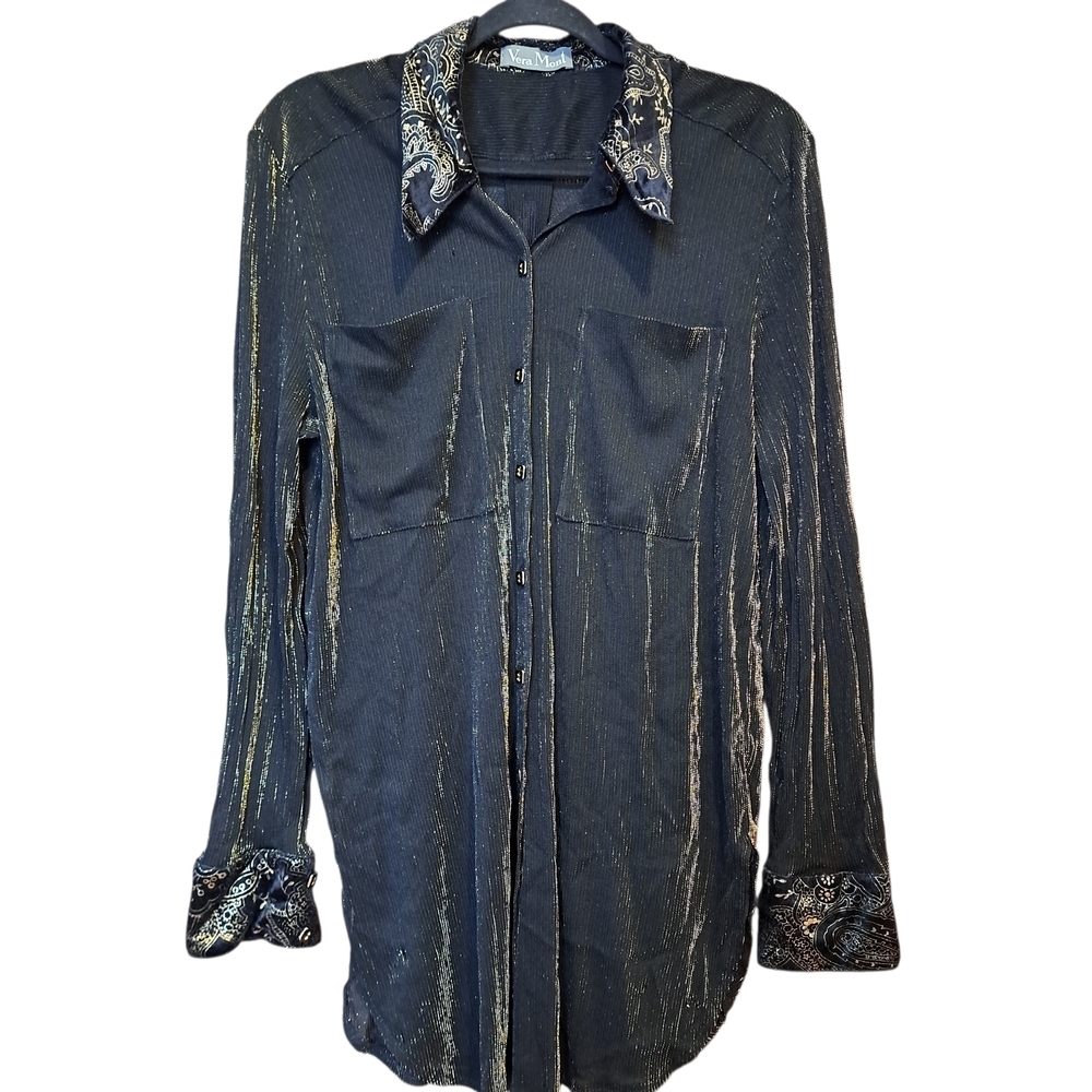Vera Mont Black Sheer Blouse with Gold Lurex – Made in Germany – Size 36